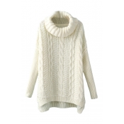 High Neck Plain Vertical Cable Knitted Dip Hem Sweater with Side Split