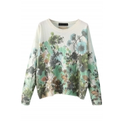 Plant and Flower Print Round Neck Knitted Sweater