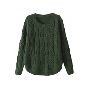 Plain Wave Knitted Pattern Long Sleeve Sweater with Round Neckline and Arc Hem