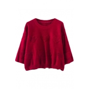 Plain Heart Jacquard Round Neck Cropped Sweater