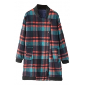 Cotton Padded Colorful Plaid Pattern Stand Collar Wool Coat with Inclined Button Fly
