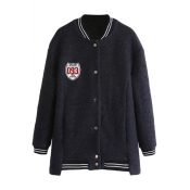 Midi Contrast Stripe Trim Wool Baseball Jacket with Button Fly and Number Embroidered