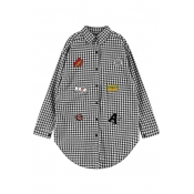 Cartoon Graphic Embroidered Plaid Pattern Loose Shirt