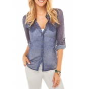 Sheer Point Collar Roll-Up Sleeve Single-Breasted Shirt