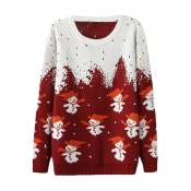 Christmas Snow Man Pattern Round Neck Long Sleeve Sweater