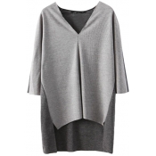 Gray Knit Insert V-Neck High Low Hem Raglan Sleeve Sweater Top