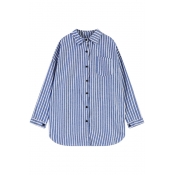 Vertical Stripe Pattern Single Pocket Loose Shirt with Back Slogan
