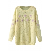 Diamond Plaid Knit Floral Stick Round Neck Long Sleeve Sweater
