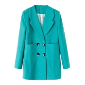 Midi Double-Breasted Wool Fitted Coat with Notched Lapel and Pockets