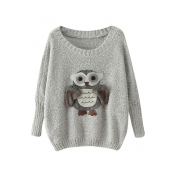 Boxy Owl Applique Long Sleeve Sweater with Round Neckline