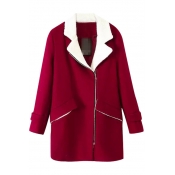 Varsity Inclined Zipper Fly Color Block Wool Coat with Lamb Hair Notched Lapel