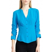 Shiny Blue V-neck 3/4 Sleeve Chiffon Slim Shirt