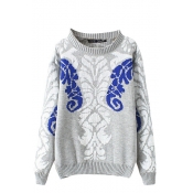 Totem Pattern Long Sleeve Sweater with Round Neckline