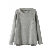 Plain Round Neck Long Sleeve Cutout Sweater with Dip Hem