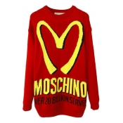 M Letter Print Round Neck Long Sleeve Sweater