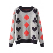 Contrast Trim and Poker Pattern Long Sleeve Knitted Sweater with Round Neckline