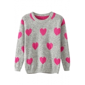 Heart Pattern Round Neck Long Sleeve Cropped  Sweater