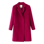 Red Plain Lapel Collar Open Front Pockets Long Sleeve Woolen Coat
