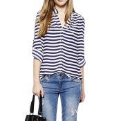 Striped Point Collar Long Sleeve Shirt with Fake Pocket