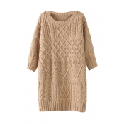 Round Neck Diamond Pattern Knitted Sweater with 1/2 Length Sleeve