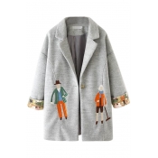 Off-White Background Human Embroidered and Castle Print Notched Lapel Wool Coat