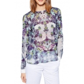 Purple Floral Print Round Neck Long Sleeve Top with Button Back