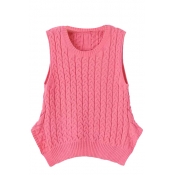 Plain Cable Knit Sleeveless Sweater with Round Neckline and Cutout Back