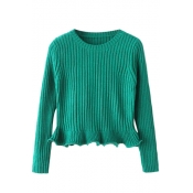 Plain Round Neck Long Sleeve Cable Knitted Sweater with Flared Hem