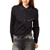 Zipper Embellished Contrast Trim Black Shirt
