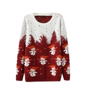 Christmas Snowman Pattern Long Sleeve Sweater with Round Neckline