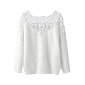 Plain Lace Insert Round Neck Mohair Sweater