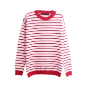 Stripe Heart Jacquard Round Neck Long Sleeve Sweater