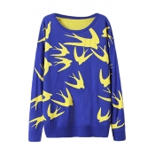 Swallow Pattern Round Neck Long Sleeve Knitted Sweater