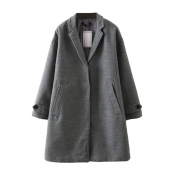 Gray Concise Single-Breasted Midi Wool Coat with Notched Lapel