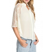 Plain Point Collar Loose Shirt with Lace Inserted Sleeve