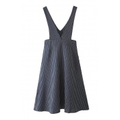 V-Neck Strap Style Vertical Stripe Pattern A-line Dress
