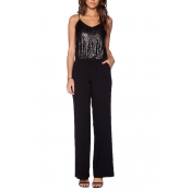 Spaghetti Strap V-Neck Sequins Embellished Top Panel Style Jumpsuits