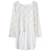 Round Neck Lace Panel Ladder-Back Cutwork Blouse