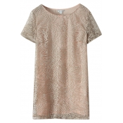 Champagne Cutwork Lace Short Sleeve Round Neck Dress