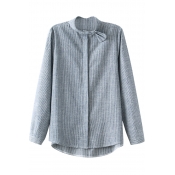 Bow Embellished Stand Collar Thin Stripe Gray Shirt