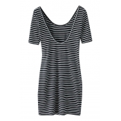 Deep Round Neck Short Sleeve Thin Horizontal Stripe Elastic Dress