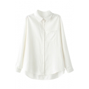 High-low Hem Cotton&Linen Shirt with Single Pocket Embellished