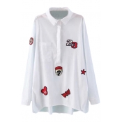 Red Cartoon Applique Single Pocket Half Button Fly Shirt