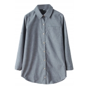 Lapel Single Pocket Gray Concise Linen Shirt