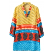 V-Neck Multi Color Geo-Tribal Print Loose Dress