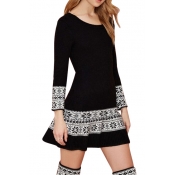 White Tribal Pattern Black Knitted Long Sleeve Fit&Flare Dress