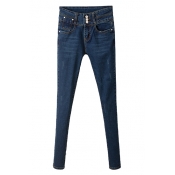Plain Blue Skinny Zipper Fly Fitted Pencil Jeans