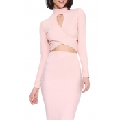 Pink Sexy Cutout&Cross Front High Collar Cropped Blouse