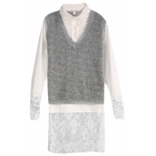 Knitted Mohair Vest White Lace Panel Dress in Two Piece Style