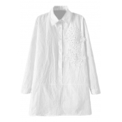 Lapel Applique&Beaded Style Midi White Shirt